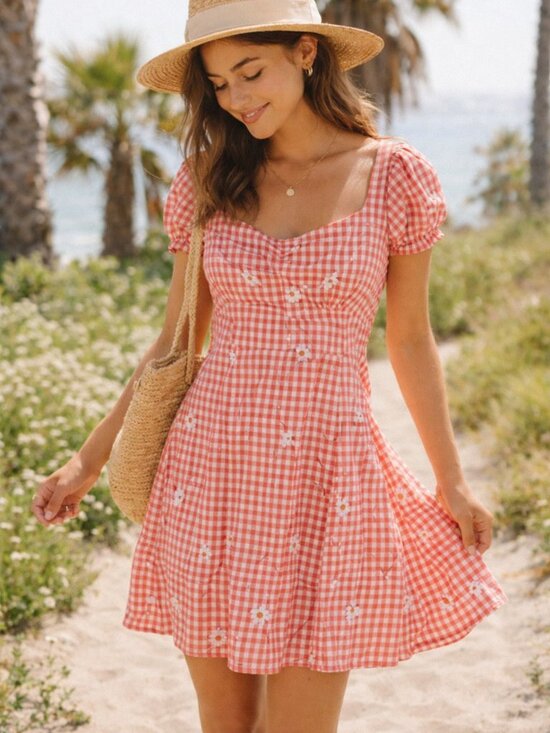 Altar'd State Dresses & Skirts - Altar'd State Coral Gingham Puff-Sleeve Mini Dress with Daisy Appliqués